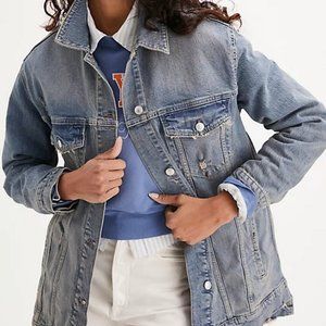 Free People We The Free Destroyed Long & Lean Trucker Jacket Denim Medium New